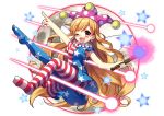  1girl american_flag_dress american_flag_legwear blonde_hair blush clownpiece commentary_request danmaku dress earrings fairy_wings full_body full_moon hat jester_cap jewelry laser long_hair masaru.jp moon one_eye_closed open_mouth outstretched_arm pantyhose pointing pointing_up print_legwear red_eyes short_dress short_sleeves smile solo star striped touhou very_long_hair white_background wings 