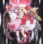  2girls :d bat_wings blonde_hair bloomers blue_hair blush bow brooch capelet crystal flandre_scarlet frilled_skirt frills full_body hat hat_ribbon jewelry kojima_saya looking_at_viewer mob_cap multiple_girls open_mouth puffy_short_sleeves puffy_sleeves red_bow red_eyes red_ribbon red_shoes remilia_scarlet ribbon shoes short_sleeves siblings side_ponytail sisters skirt skirt_set smile touhou underwear white_legwear wings wrist_cuffs 