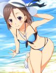  1girl bikini breasts brown_eyes brown_hair haruichi hat idolmaster idolmaster_cinderella_girls mizuki_seira navel short_hair smile solo swimsuit 