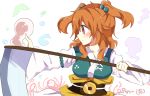  1girl alternate_hair_color breasts hair_ornament japanese_clothes large_breasts long_sleeves onozuka_komachi orange_hair sash scythe simple_background solo to-den_(v-rinmiku) touhou twintails white_background 