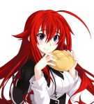  1girl :t ahoge blue_eyes bread breasts capelet eating food food_on_face hair_between_eyes high_school_dxd highres huge_ahoge large_breasts long_hair melon_bread redhead rias_gremory sai_(bankoru) solo 