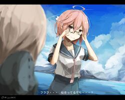  2girls bespectacled glasses hair_ornament i-58_(kantai_collection) kantai_collection letterboxed miyabino_(miyabi1616) multiple_girls pink_eyes pink_hair school_uniform serafuku short_hair smile translated u-511_(kantai_collection) 