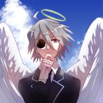  1boy ahoge angel_wings blue_sky eyepatch formal gloves grey_hair haiiro_teien halo majiang pale_skin short_hair sky solo suit upper_body wings wodahs 