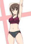  1girl alternate_costume armpits arms_up asics ass_visible_through_thighs bangs breasts brown_eyes brown_hair cleavage closed_mouth clothes_writing collarbone cowboy_shot eyebrows eyebrows_visible_through_hair girls_und_panzer halterneck hand_on_own_arm highres light_smile looking_at_viewer midriff navel nishizumi_maho shiny shiny_skin short_hair solo sports_bikini sportswear stomach wanyan_aguda white_background 