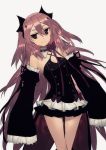  1girl absurdres bangs black_dress black_ribbon bow closed_mouth detached_collar detached_sleeves dress hair_between_eyes hair_ornament highres krul_tepes kstaisa long_hair looking_at_viewer owari_no_seraph pink_hair pointy_ears red_bow red_eyes ribbon simple_background sleeves_past_wrists small_breasts smile solo thigh-highs thigh_gap very_long_hair white_background 