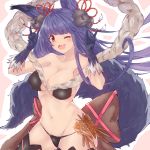  1girl ;d \m/ animal_ears bare_shoulders bell breasts double_\m/ eyebrows eyebrows_visible_through_hair fang fox_ears fox_shadow_puppet fox_tail fur granblue_fantasy hair_bell hair_ornament highres long_hair looking_at_another minikon one_eye_closed open_mouth purple_hair red_eyes smile solo tail thigh-highs yuel_(granblue_fantasy) 