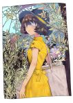  1girl :o bag blue_eyes border brown_hair canvas_(object) dress dutch_angle eyepatch flower garden hat indoors inko_(mini) looking_at_viewer looking_back original plant short_hair solo window yellow_dress 