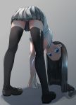  1girl asashio_(kantai_collection) bent_over black_hair blue_eyes comah kantai_collection long_hair mary_janes open_mouth panties pantyshot school_uniform shoes skirt solo thigh-highs underwear upskirt white_panties 