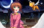  1girl antenna_hair blush brown_hair cardcaptor_sakura clouds flying green_eyes kero kinomoto_sakura looking_at_another moon mutsuki_(moonknives) night night_sky open_mouth pajamas short_hair sky smile solo star star_(sky) wand wings 