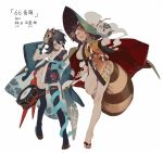  2girls alternate_costume animal_ears asymmetrical_wings bell black_hair black_legwear bracelet breasts brown_eyes brown_hair detached_sleeves full_body futatsuiwa_mamizou glasses gourd holding_pipe houjuu_nue japanese_clothes jewelry jpeg_artifacts kimono kiseru leaf leaf_on_head long_sleeves mask multiple_girls no_panties one_eye_closed open_clothes open_mouth pipe raccoon_ears raccoon_tail red_eyes rei_(sanbonzakura) sandals sash short_hair simple_background single_sleeve smile smoking_pipe snake standing_on_one_leg tail text thigh-highs touhou white_background wide_sleeves wings yukata 