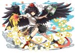  &gt;:o 1girl :o absurdres bird_wings black_hair black_legwear black_necktie black_skirt black_wings book collared_shirt commentary_request danmaku fan frilled_skirt frills full_body geta hat hauchiwa highres kozakura_(dictionary) leaf-pattern_stripe looking_at_viewer necktie pom_pom_(clothes) puffy_short_sleeves puffy_sleeves red_eyes red_shoes shameimaru_aya shirt shoes short_hair short_sleeves skirt solo tengu-geta tokin_hat touhou white_background white_shirt wings 