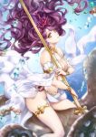  1girl animal bare_shoulders bracelet breasts bubble cleavage collarbone coral granblue_fantasy green_eyes head_fins holding jewelry kasai_iori large_breasts leaf long_hair looking_at_viewer octopus polearm purple_hair riding shaft_look side_slit solo thigh_strap tiara underwater varuna_(granblue_fantasy) very_long_hair weapon 