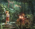  1girl architecture avamone bare_shoulders bow broom brown_eyes brown_hair detached_sleeves east_asian_architecture forest geta hair_bow hair_tubes hakurei_reimu highres lantern md5_mismatch nature scenery smile solo stairs standing tabi torii touhou tree wide_sleeves 