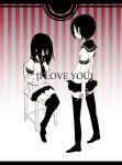  2girls black_legwear bound chair english geshi_(pixiv934602) greyscale long_hair lowres monochrome multiple_girls original school_uniform scissors serafuku short_hair thigh-highs tied_up yandere yuri zettai_ryouiki 