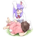  2girls animal_ears bags_under_eyes barefoot breasts brown_hair bunny_tail commentary_request dress hug inaba_tewi lap_pillow large_breasts long_hair long_sleeves lying lying_on_lap multiple_girls on_side open_mouth pink_dress purple_hair rabbit_ears red_eyes reisen_udongein_inaba shirosato shirt sitting sleeping sleeping_on_person tail touhou wariza wavy_mouth 