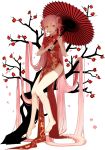  1girl absurdly_long_hair barefoot china_dress chinese_clothes cotton_(congcotton) dress earrings flower full_body highres holding holding_umbrella in_tree jewelry long_hair open_mouth oriental_umbrella original petals pink_hair red_eyes simple_background sitting solo transparent_background tree twintails umbrella very_long_hair 