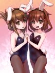  2girls alternate_costume animal_ears bare_shoulders brown_eyes brown_hair bunny_girl bunny_tail bunnysuit collarbone flat_chest folded_ponytail gradient gradient_background hair_between_eyes highres holding_hands ikazuchi_(kantai_collection) inazuma_(kantai_collection) kantai_collection leotard long_hair looking_at_viewer multiple_girls off_shoulder pantyhose rabbit_ears short_hair tail wavy_mouth you_naka 