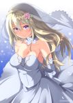  1girl arms_behind_back artist_name bare_shoulders bismarck_(kantai_collection) blonde_hair blush breasts bridal_veil bride choker cleavage commentary_request dandou dress flower hair_flower hair_ornament highres kantai_collection long_hair looking_at_viewer smile solo twitter_sample veil violet_eyes wedding_dress white_dress 