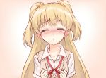  1girl blonde_hair blush closed_eyes ear_blush idolmaster idolmaster_cinderella_girls incoming_kiss jougasaki_rika long_hair ribbon school_uniform shunichi solo two_side_up 