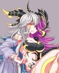  1girl absurdres bracelet breasts cleavage detached_sleeve facial_mark garukichi hair_over_one_eye hel_(p&amp;d) highres horns jewelry long_hair multicolored_hair navel parted_lips purple_hair puzzle_&amp;_dragons silver_hair sitting smile solo tattoo very_long_hair wavy_hair wide_sleeves yellow_eyes 