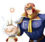  2boys antennae belt brown_hair captain_falcon closed_eyes f-zero gloves helmet male_focus multiple_boys olimar petting pikmin pointy_ears red_gloves robotoco scarf simple_background smile super_smash_bros. white_background yellow_gloves 