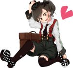  1girl :d arm_at_side arm_up black_bow black_hat black_legwear black_necktie black_shorts blush bow brown_eyes brown_hair buttons character_request checkered_shoes collared_shirt eyebrows eyebrows_visible_through_hair full_body futami_mami hair_bow hat head_tilt heart idolmaster laki looking_at_viewer necktie open_mouth over-kneehighs pond school_briefcase shirt shoes shorts simple_background sitting sleeve_cuffs smile solo thigh-highs top_hat white_background white_shirt 