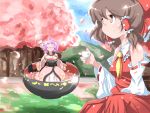  2girls :d ahoge ascot blue_sky blush_stickers brown_eyes brown_hair cherry_blossoms choko_(cup) detached_sleeves glint grass hair_ribbon hair_tubes hakurei_reimu hanami hill in_bowl in_container japanese_clothes kikurage_(sugi222) kimono lavender_hair levitation looking_up minigirl multiple_girls needle open_mouth petals ribbon ribbon-trimmed_sleeves ribbon_trim skirt skirt_set sky smile sukuna_shinmyoumaru touhou tree 