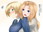  2girls artist_request blonde_hair blue_eyes blush darjeeling embarrassed girls_und_panzer green_eyes highres hug hug_from_behind jacket kay_(girls_und_panzer) long_hair multiple_girls necktie open_mouth school_uniform short_hair translated wavy_mouth yuri 