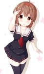  1girl ahoge arm_up brown_eyes brown_hair commentary_request hairband hand_on_head highres kantai_collection looking_at_viewer neckerchief niruanu_(nitayam) open_mouth salute school_uniform serafuku shiratsuyu_(kantai_collection) short_hair solo tareme younger 