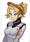  1girl blonde_hair blue_eyes breasts lips long_hair mercy_(overwatch) overwatch smile solo splashbrush 