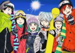  3boys 3girls :d ^_^ absurdres akabane_karma alternate_costume ansatsu_kyoushitsu aqua_hair arm_holding bangs beanie black_gloves black_hair blue_eyes blue_hair blue_sky blunt_bangs camouflage character_print closed_eyes coat eyebrows eyebrows_visible_through_hair glasses gloves goggles goggles_around_neck goggles_on_head hand_on_another&#039;s_arm happy hat highres kanzaki_yukiko kayano_kaede koro-sensei laughing lens_flare long_hair looking_at_another looking_at_viewer multiple_boys multiple_girls okuda_manami open_mouth outdoors redhead scarf shiota_nagisa shishamo_(abc_shishamo) side-by-side sky smile snow snowboard sugino_tomohito sun swept_bangs two_side_up upper_body winter_clothes winter_coat yellow_eyes zipper 