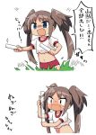  1girl blue_eyes blush brown_hair fang gym_uniform kanikama kumamiko long_hair measuring_stick midriff navel open_mouth original ruler smile solo surprised sweat torn_clothes translation_request twintails 
