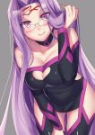  1girl adjusting_hair alpha_(eren_mfmf) blush breasts cleavage fate/grand_order fate/stay_night fate_(series) glasses grey_background highres leaning_forward long_hair looking_at_viewer purple_hair rider rimless_glasses simple_background smile solo violet_eyes 