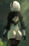  1girl android ass back_cutout black_legwear from_behind hairband highleg highleg_leotard highres leotard lips lipstick mole nier_(series) nier_automata razalor shade short_hair silver_hair solo sunlight thigh-highs thighs yorha_no._2_type_b 