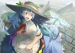  1girl :d black_hat blue_hair blue_skirt bow bowtie butterfly buttons dress_shirt dutch_angle fami_(yellow_skies) food frills fruit hat hat_ribbon hinanawi_tenshi long_hair long_skirt neck_ribbon open_mouth peach puffy_short_sleeves puffy_sleeves rainbow_gradient rainbow_order red_bow red_bowtie red_eyes ribbon rooftop shirt short_sleeves skirt skirt_hold smile solo touhou white_ribbon white_shirt wing_collar 