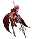  1girl armor full_body gloves greaves headpiece highres pink_eyes polearm purple_hair red_cape red_eyes seven_knights short_hair solo spear standing standing_on_one_leg weapon white_background 