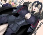  armor black_hair blonde_hair blue_eyes blush cape chain covered_nipples fate/grand_order fate_(series) fur_trim gauntlets headwear jeanne_alter male_protagonist_(fate/grand_order) open_mouth ruler_(fate/apocrypha) ruler_(fate/grand_order) takara_joney yellow_eyes 