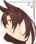  1girl alternate_hairstyle animal_ears back bare_shoulders blush brown_hair imaizumi_kagerou kaginoni looking_at_viewer neck red_eyes smile solo touhou wolf_ears 