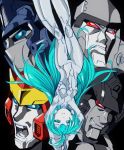  1girl 4boys :o ahoge android aqua_eyes aqua_hair arms_up autobot black_background clenched_teeth decepticon grin hot_rod kamizono_(spookyhouse) long_hair looking_at_viewer looking_to_the_side mecha megatron multiple_boys no_humans no_mouth open_mouth optimus_prime pale_skin red_eyes robot sara_(transformers) simple_background small_breasts smile starscream teeth thigh_gap transformers transformers_cloud upside-down very_long_hair 