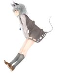  1girl animal_ears bent_over blush full_body grey_hair grey_legwear highres jewelry kneehighs long_sleeves mouse_ears mouse_tail nazrin necklace netamaru profile red_eyes shirt shoes short_hair simple_background skirt skirt_set smile solo tail touhou vest white_background 