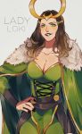  1girl black_hair breasts cape cleavage genderswap green_eyes helmet horned_helmet loki_(marvel) marvel qin_(7833198) solo 