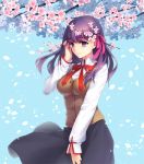  1girl breasts cherry_blossoms fate/stay_night fate_(series) flower hair_flower hair_ornament hair_ribbon impossible_clothes impossible_shirt large_breasts long_hair long_sleeves matou_sakura petals purple_hair ribbon school_uniform shiny shiny_hair shirt skirt solo vest violet_eyes yeruen 