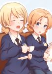  2girls ^_^ ^o^ antenna_hair black_necktie blue_eyes blush braid chestnut_mouth closed_eyes collared_shirt cup darjeeling dress_shirt emblem eyebrows eyebrows_visible_through_hair french_braid girls_und_panzer highres holding holding_cup kapatarou long_sleeves multiple_girls necktie o open_mouth orange_hair orange_pekoe saucer seat shirt sitting sweater tareme teacup teapot white_shirt 