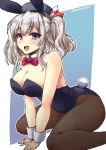  1girl alternate_costume animal_ears arm_support ass bare_shoulders beret black_legwear blue_eyes breasts bunny_tail bunnysuit cleavage detached_collar fake_animal_ears fishnet_pantyhose fishnets hat kantai_collection kashima_(kantai_collection) large_breasts leotard long_hair open_mouth pantyhose rabbit_ears shinshin silver_hair sitting smile solo tail twitter_username wariza wavy_hair wrist_cuffs 