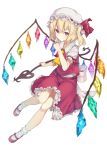  1girl ascot bare_legs blonde_hair bobby_socks bow buckle closed_mouth collar collarbone crystal demon_wings flandre_scarlet frilled_collar frilled_hat frilled_legwear frilled_skirt frilled_sleeves frills full_body hair_between_eyes hat hat_ribbon highres holding holding_weapon mary_janes mob_cap monobe_tsukuri pink_shoes polearm rainbow_order red_eyes red_ribbon red_skirt red_vest ribbon shirt shoes short_hair side_ponytail simple_background skirt smile socks solo spear tareme touhou vest weapon white_background white_bow white_legwear white_shirt wings 