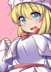 1girl blonde_hair blue_eyes blush bow breasts commentary_request d: dress embarrassed flying_sweatdrops fun_bo hat large_breasts lily_white looking_at_viewer open_mouth sash sleeves_past_wrists solo touhou wavy_mouth 
