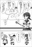  3girls blank_eyes chibi closed_eyes comic commentary_request directional_arrow drawing folded_ponytail greyscale hat highres holding holding_swimsuit ikazuchi_(kantai_collection) inazuma_(kantai_collection) kantai_collection low_twintails meitoro monochrome multiple_girls neckerchief open_mouth pleated_skirt school_uniform serafuku shirayuki_(kantai_collection) short_hair short_twintails skirt speech_bubble sweatdrop swimsuit translation_request twintails whiteboard 