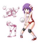  1girl ass bent_over buruma flower hair_flower hair_ornament hieda_no_akyuu knee_pads kousei_(public_planet) one_eye_closed open_mouth purple_hair shirt sleeveless sleeveless_shirt solo sportswear sweat touhou v_arms violet_eyes volleyball volleyball_uniform 