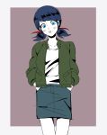  1girl absurdres alternate_costume aoi_(ao1yui) blue_eyes blue_hair blush denim_skirt earrings green_jacket hands_in_pockets highres jacket jewelry marinette_dupain-cheng miraculous_ladybug open_clothes open_jacket solo twintails 