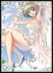  1girl :d bare_shoulders blush breasts bridal_veil cleavage collarbone commentary_request dress full_body green_eyes green_hair idolmaster idolmaster_cinderella_girls letterboxed looking_at_viewer mole mole_under_eye open_mouth piromizu short_hair sleeveless smile solo takagaki_kaede veil wedding_dress white_dress wrist_cuffs 
